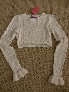Edikted White Cropped Eyelet Knit Top with Ruffle Cuffs